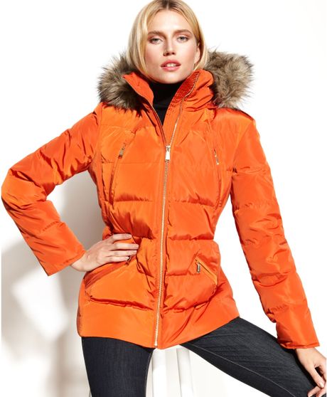 Michael Kors Hooded Quilted Puffer in Orange (Orange Spice) | Lyst