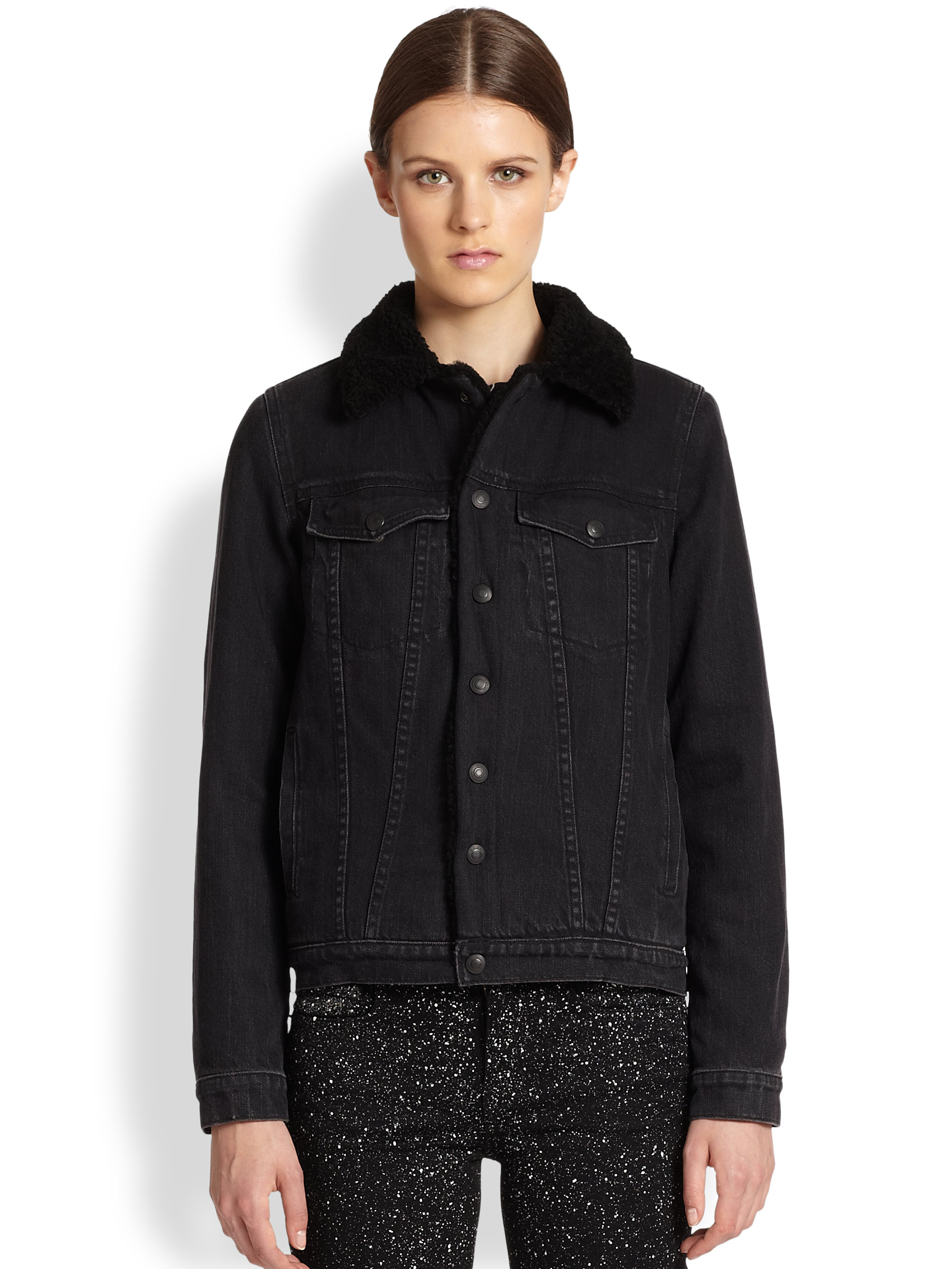 shearling black denim jacket