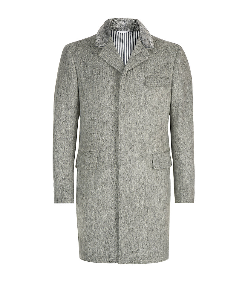 Thom browne Astrakhan Collar Tweed Coat in Gray for Men | Lyst
