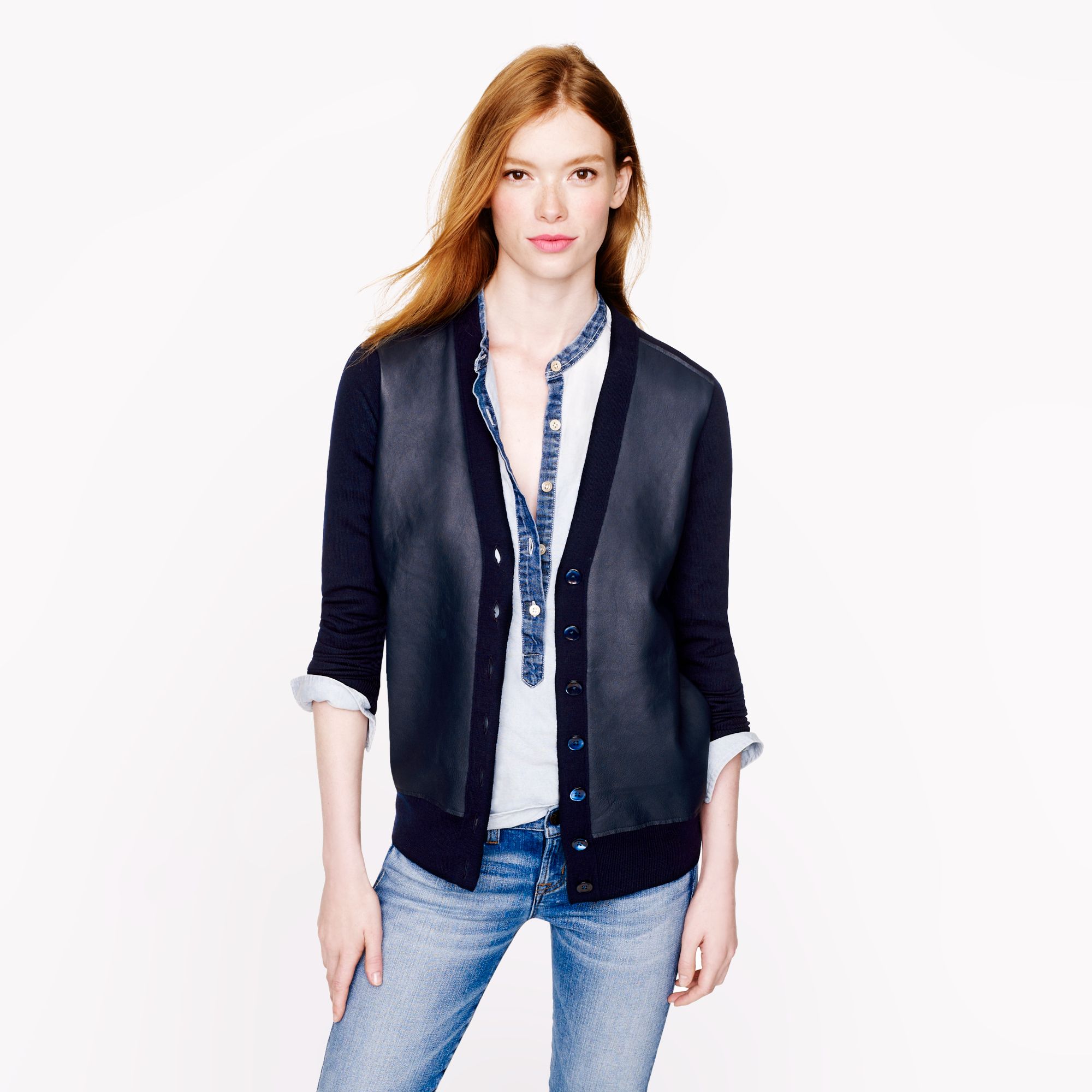 Lyst J.Crew Collection Leatherfront Merino Cardigan in Blue