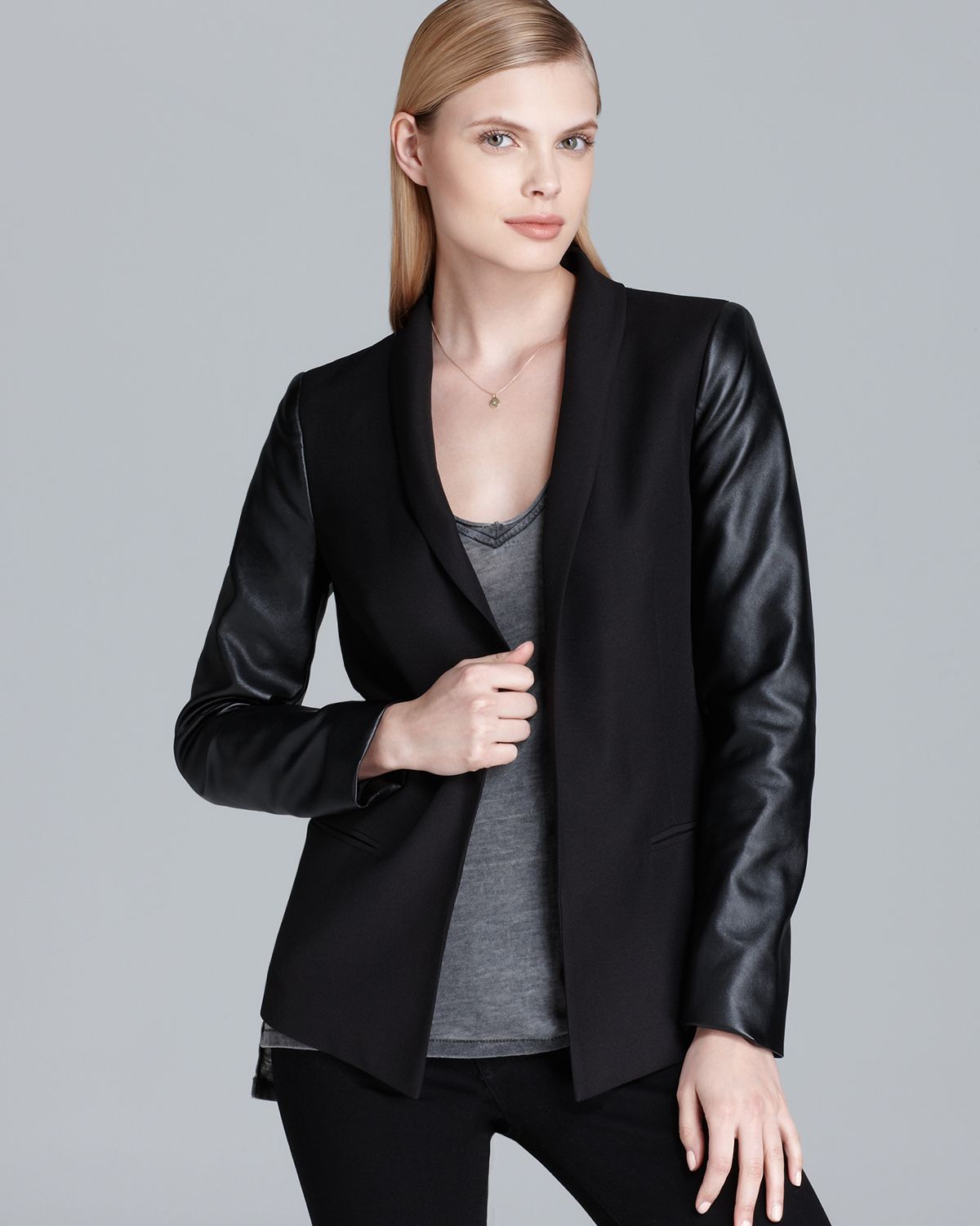 DKNY Shawl Collar Blazer with Faux Leather Sleeves in Black | Lyst