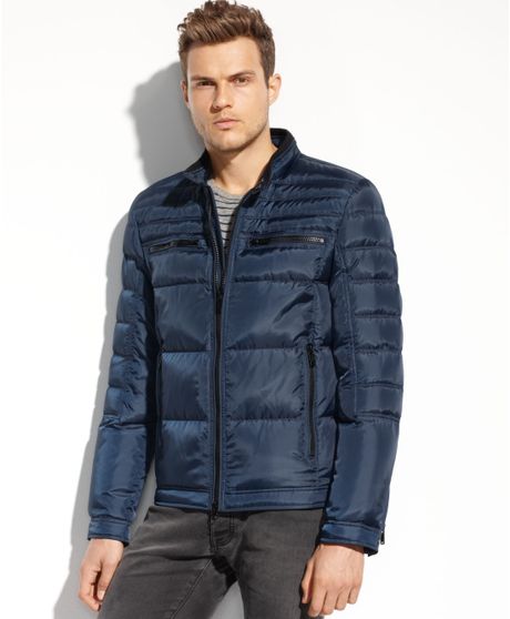 Guess Coats Quilted Down Moto Jacket in Blue for Men | Lyst