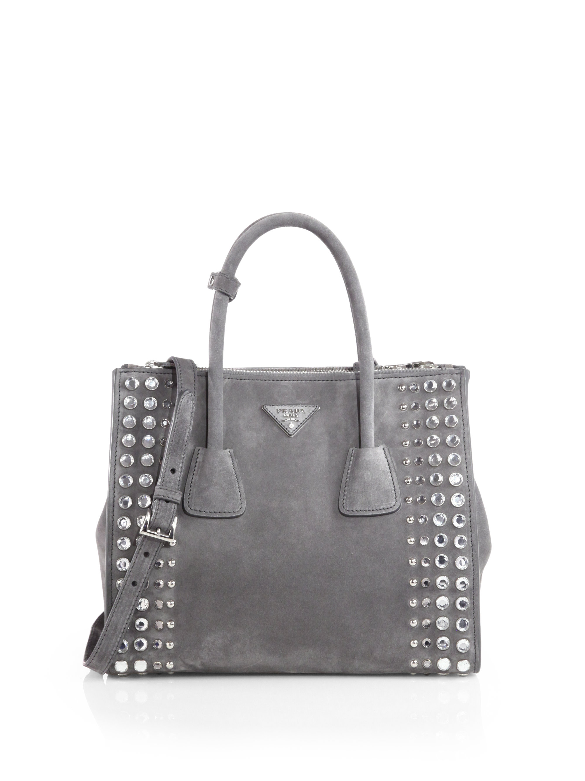 Prada Studded Suede Twin Pocket Tote in Gray (MARMO-GREY) | Lyst