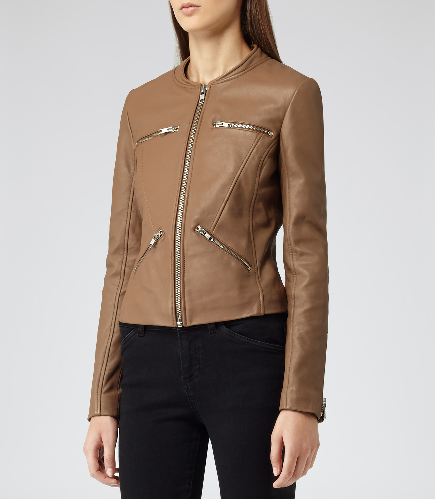 tan collarless leather jacket