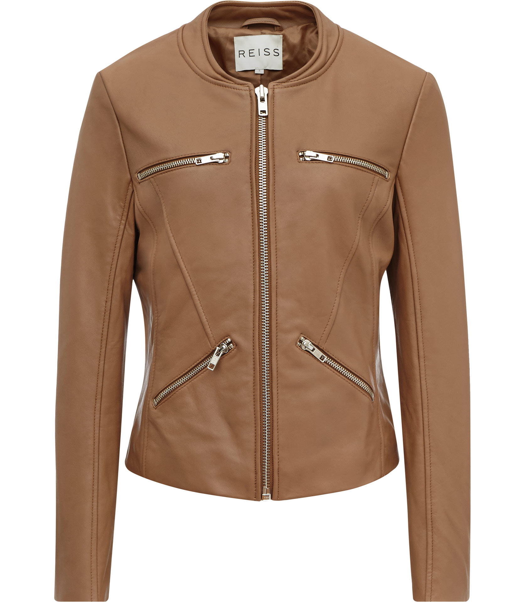 Reiss Opal Collarless Leather Jacket in Tan (Brown) Lyst