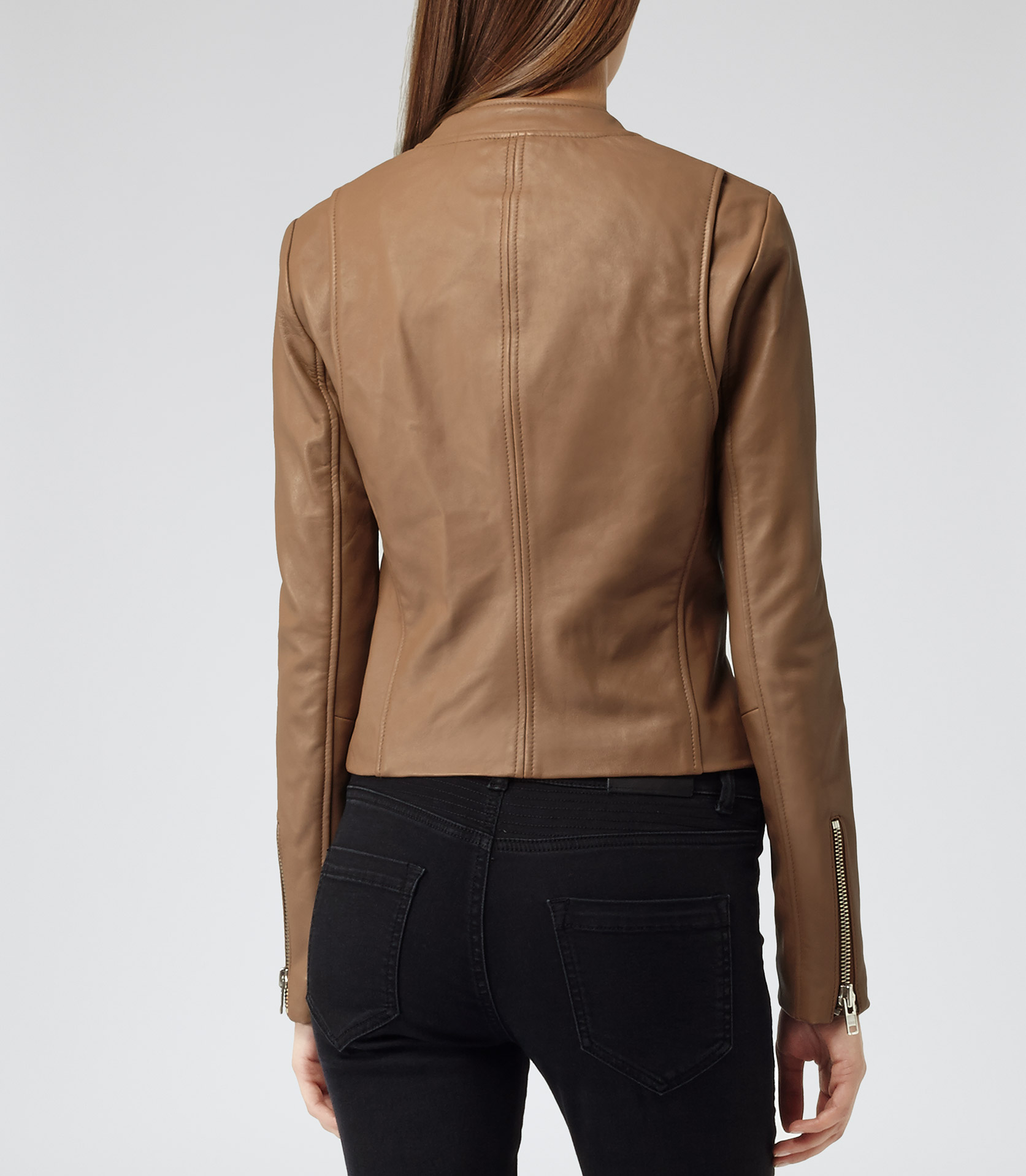 Reiss Opal Collarless Leather Jacket in Tan (Brown) - Lyst