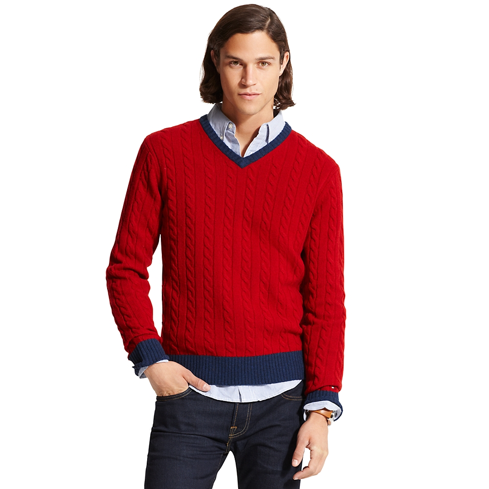 Tommy Hilfiger Cable Vneck Sweater in Red for Men (RIO RED HTR) | Lyst