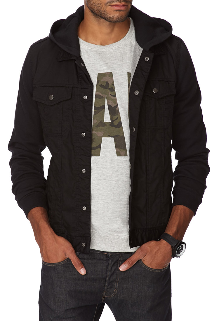 Black Hooded Denim Jacket Men Top 
