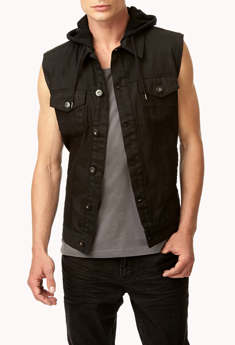 Forever 21 Hooded Denim Vest in Black 