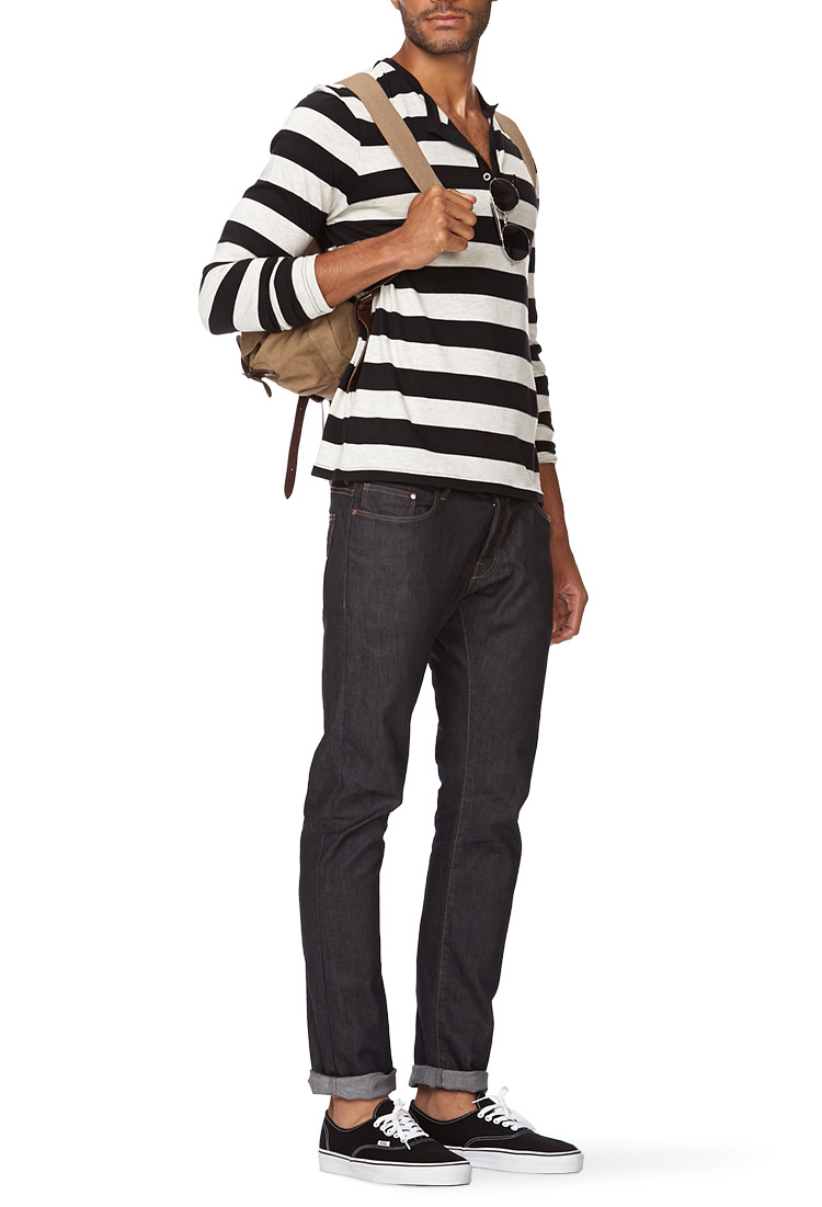 Forever 21 Striped Henley in Black 