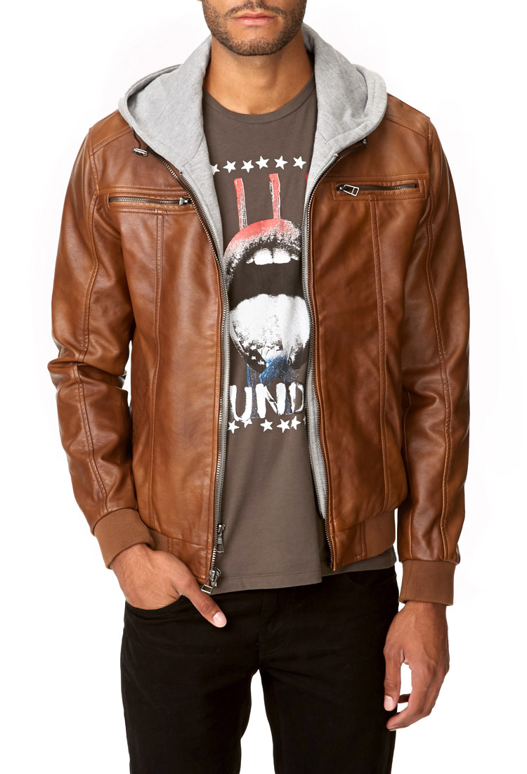 Lyst Forever 21 Hooded Faux Leather Jacket In Brown For Men Gallery