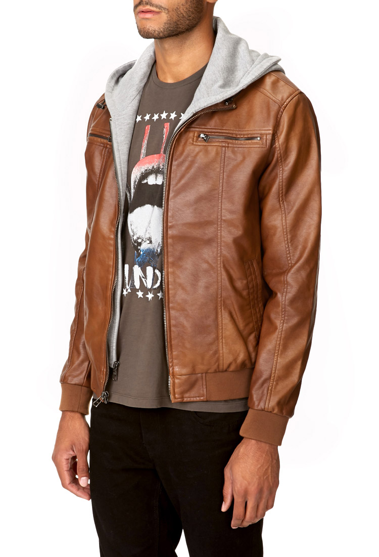 Forever 21 Brown Hooded Faux Leather Jacket For Men
