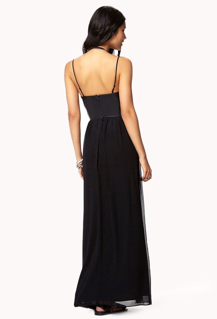 Lyst - Forever 21 Faux Leather Chiffon Maxi Dress in Black