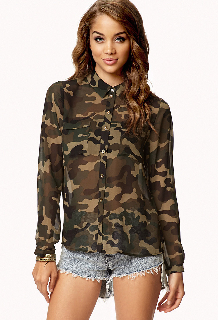 Forever 21 Camo Print Chiffon Shirt in 