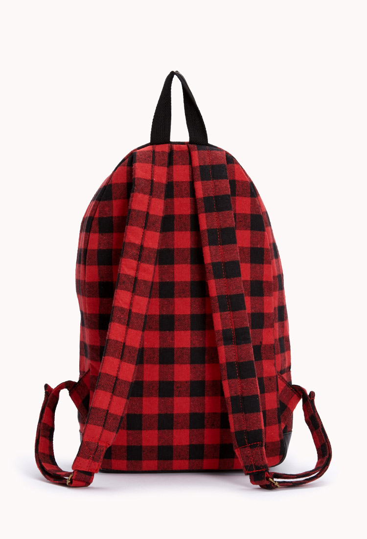red and black checkered backpack