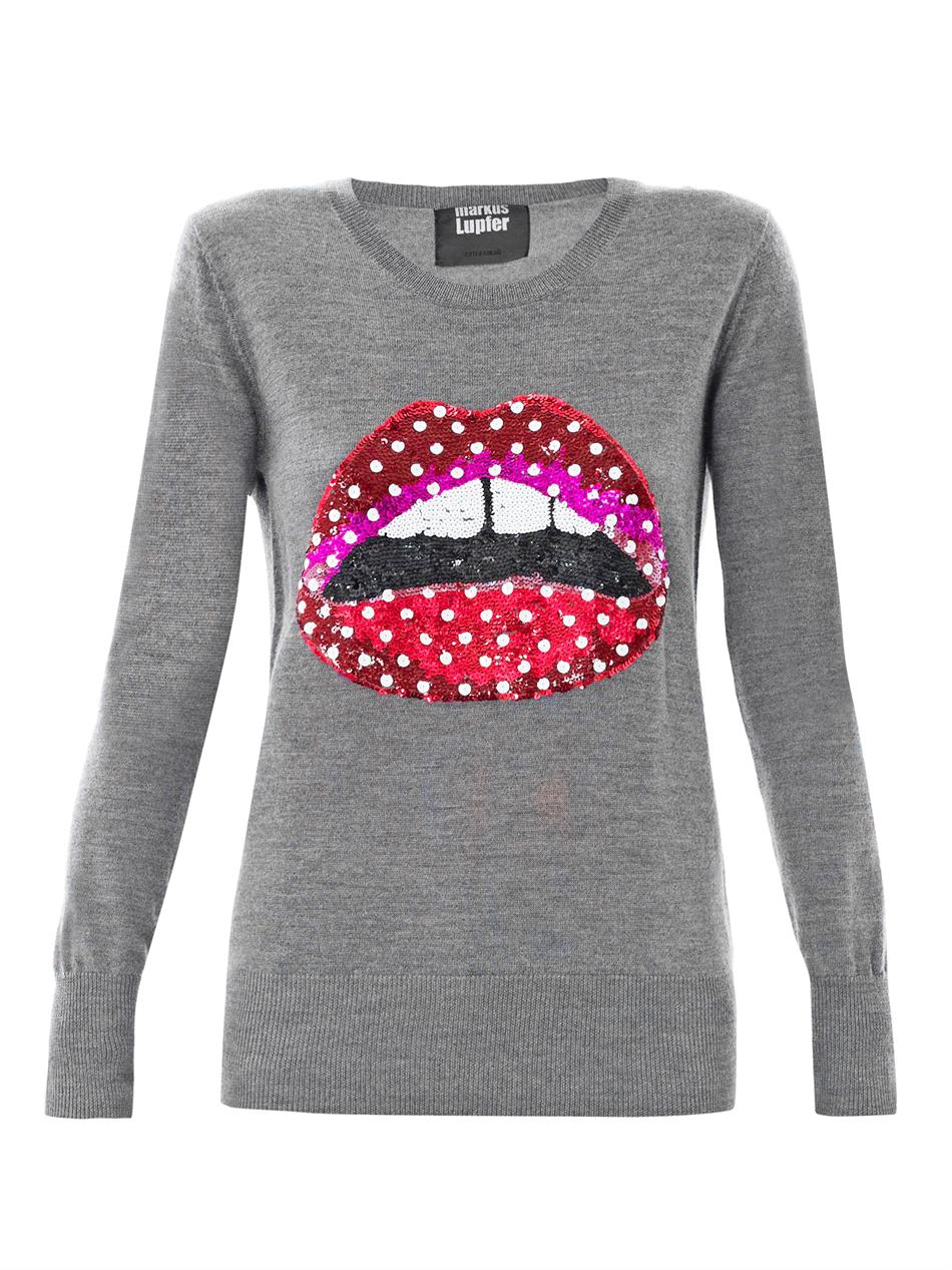 Lyst - Markus Lupfer Lips Sequin Sweater in Gray