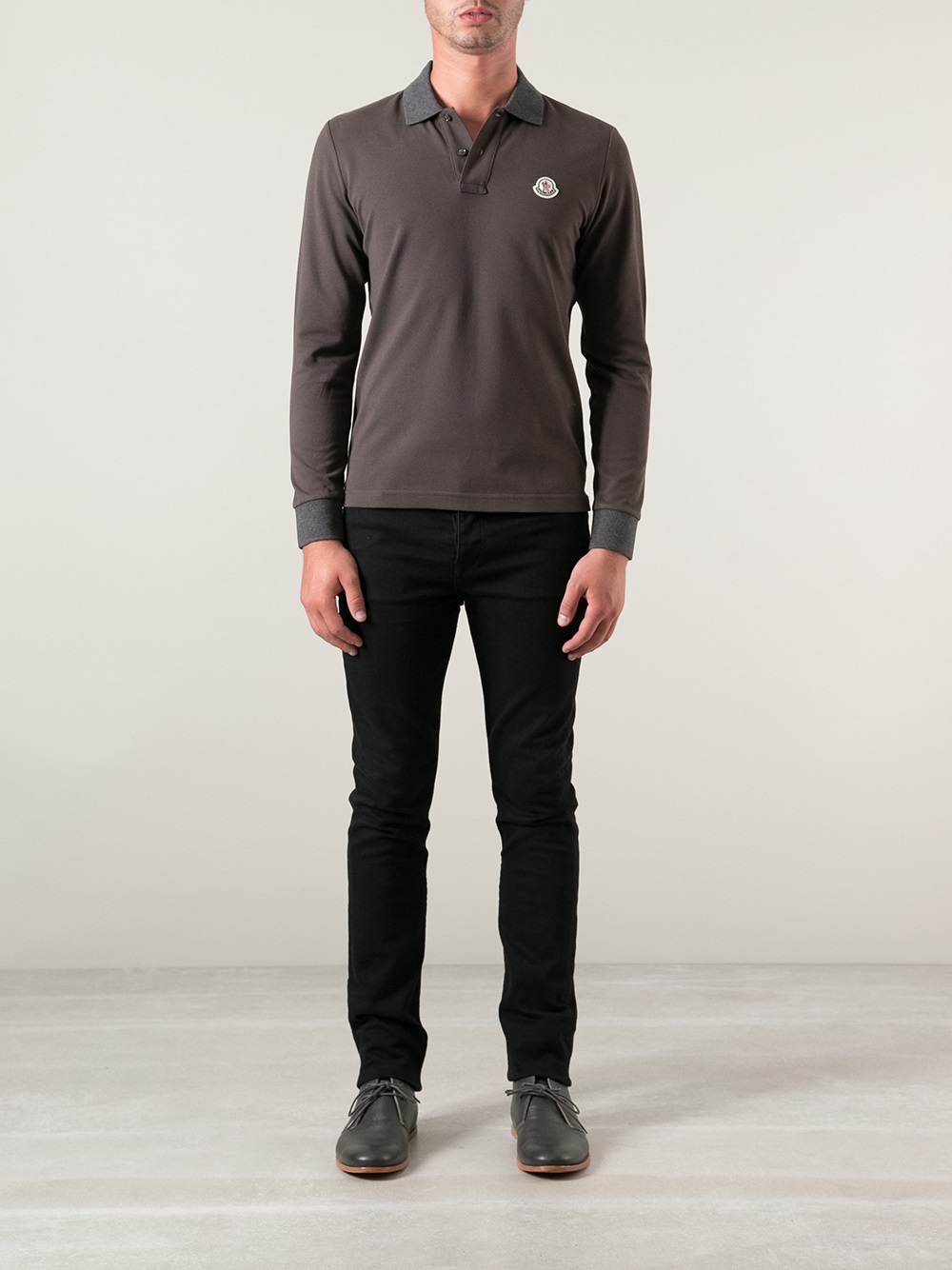 Moncler Long Sleeve Polo Shirt in Brown for Men Lyst