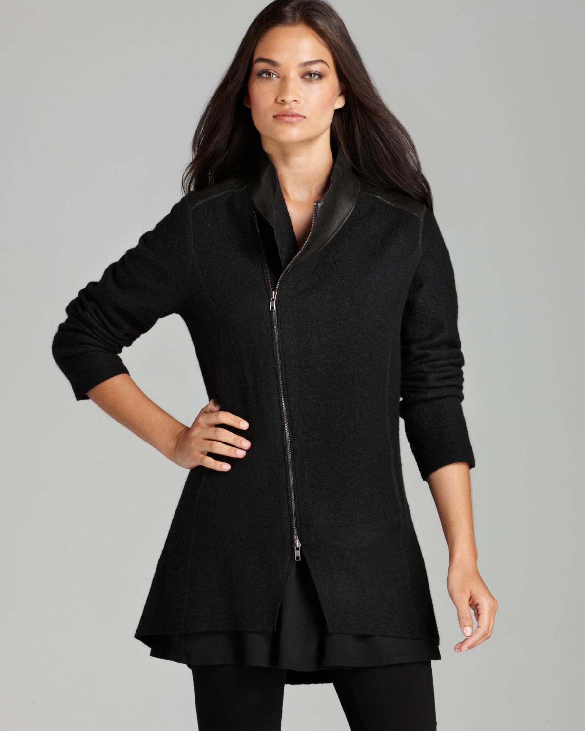 Eileen Fisher Black Asymmetric Zip Front Jacket With Leather Trim