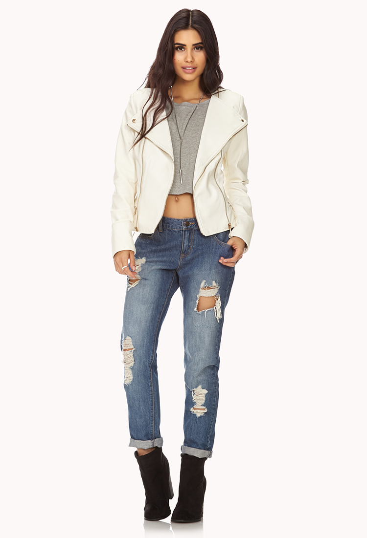 Forever 21 Edgy Collarless Faux Leather Jacket In Natural Lyst Gallery Women S Collarless Leather Jackets