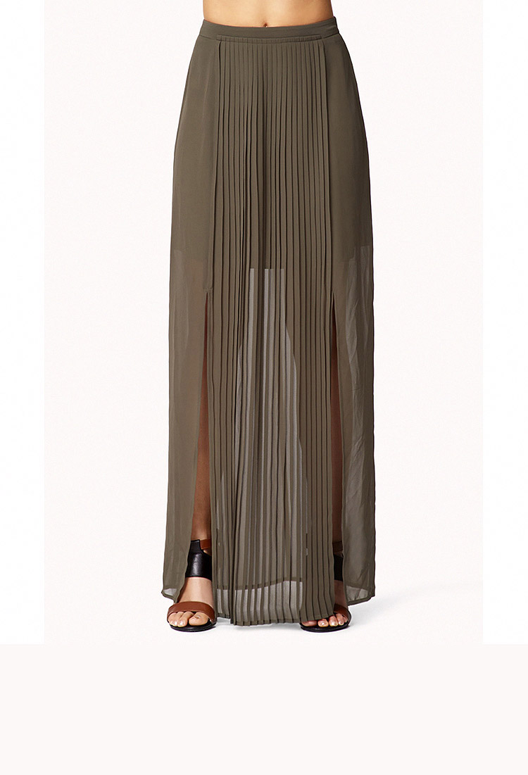 olive green pleated maxi skirt