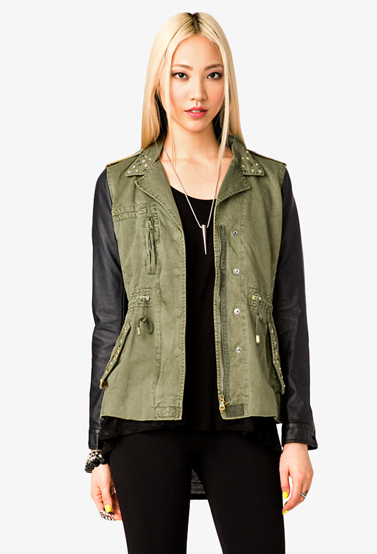 Green jacket with black leather sleeves Clearance