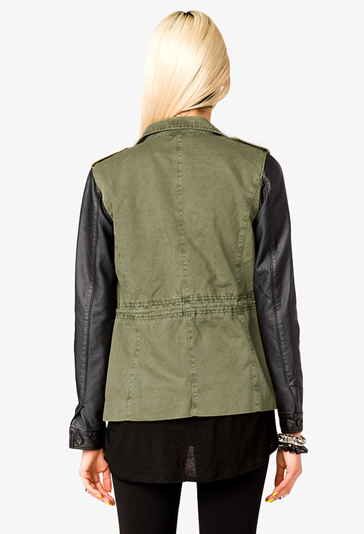 Lyst Forever 21 Faux Leather Sleeve Utility Jacket in Green