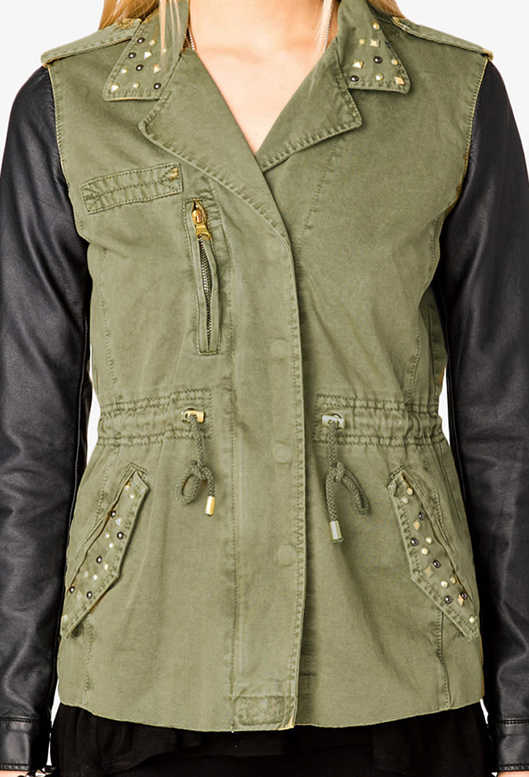 Forever 21 Faux Leather Sleeve Utility Jacket In Olive Black Green Lyst