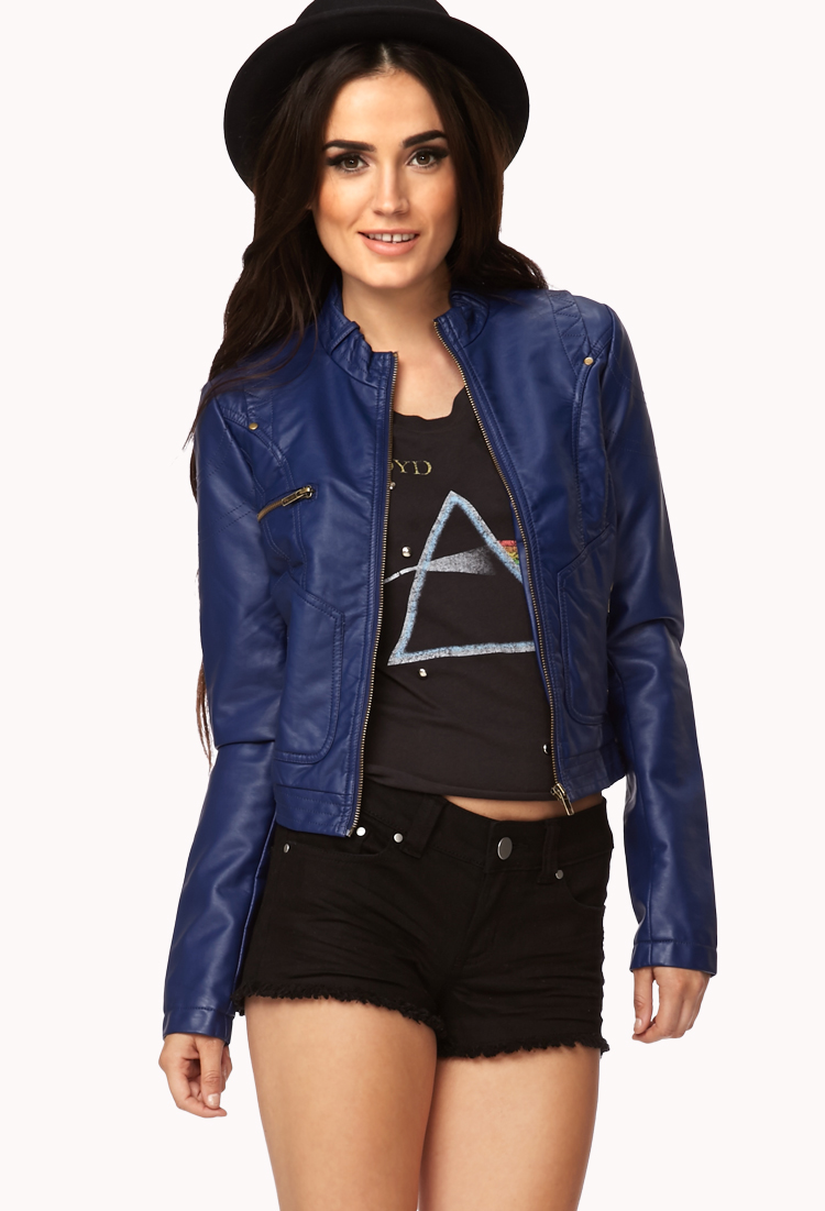 Lyst Forever 21 Moto Er Jacket In Blue Gallery