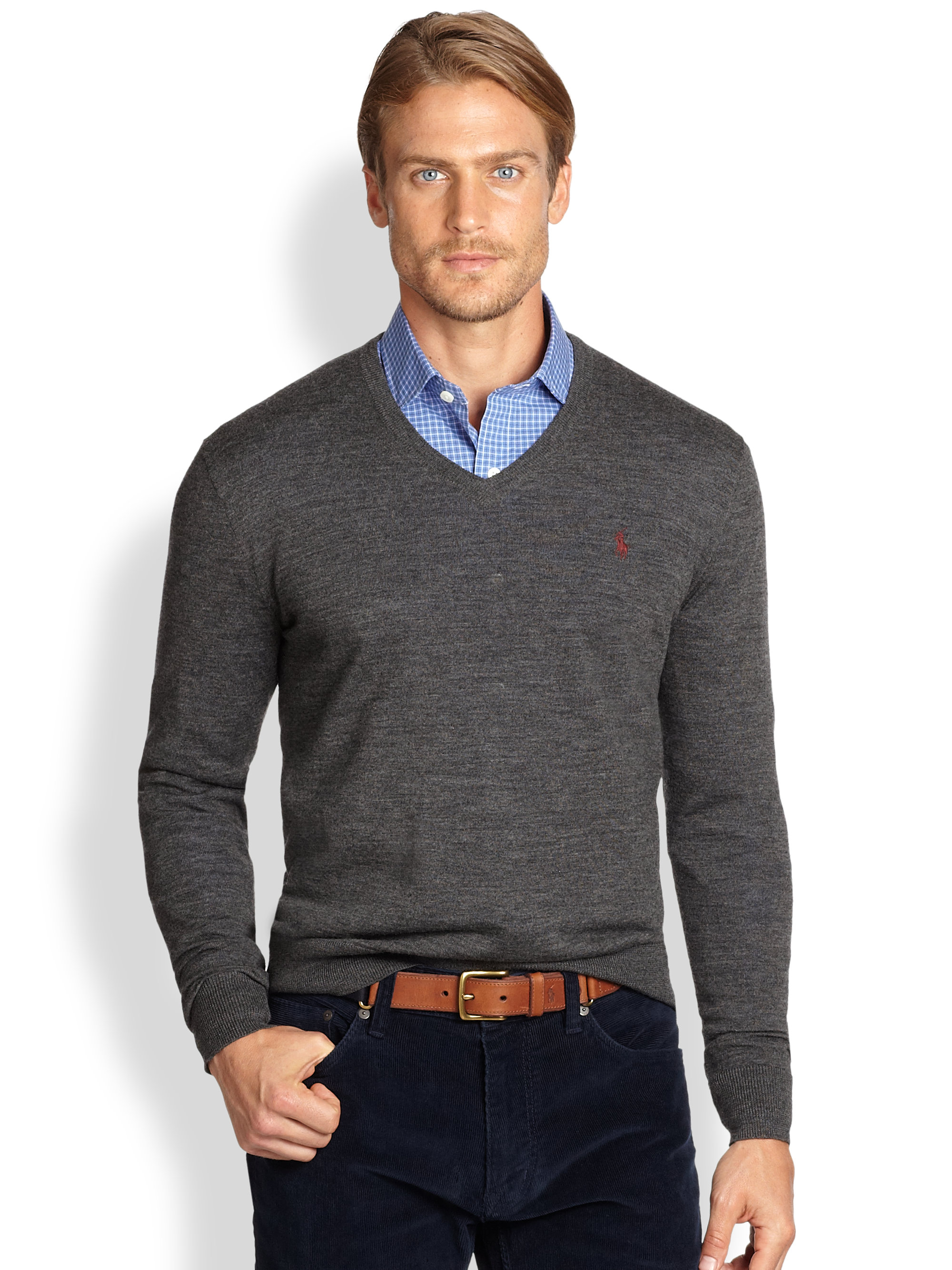 Polo Ralph Lauren Merino Wool Vneck Sweater in Gray for Men - Lyst
