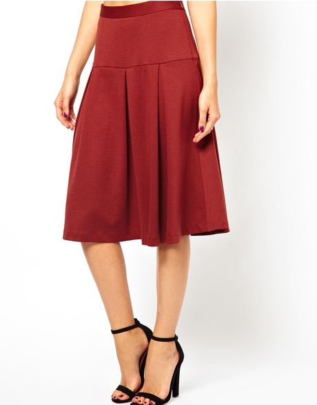 Asos Asos Midi Skirt with Drop Waist and Pleats in Red (Duskred) | Lyst