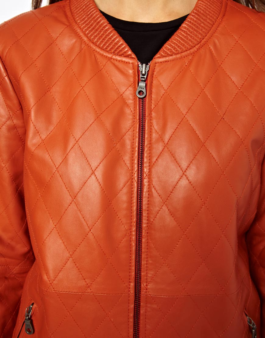 ASOS Selected Quilt Leather Jacket in Orange - Lyst