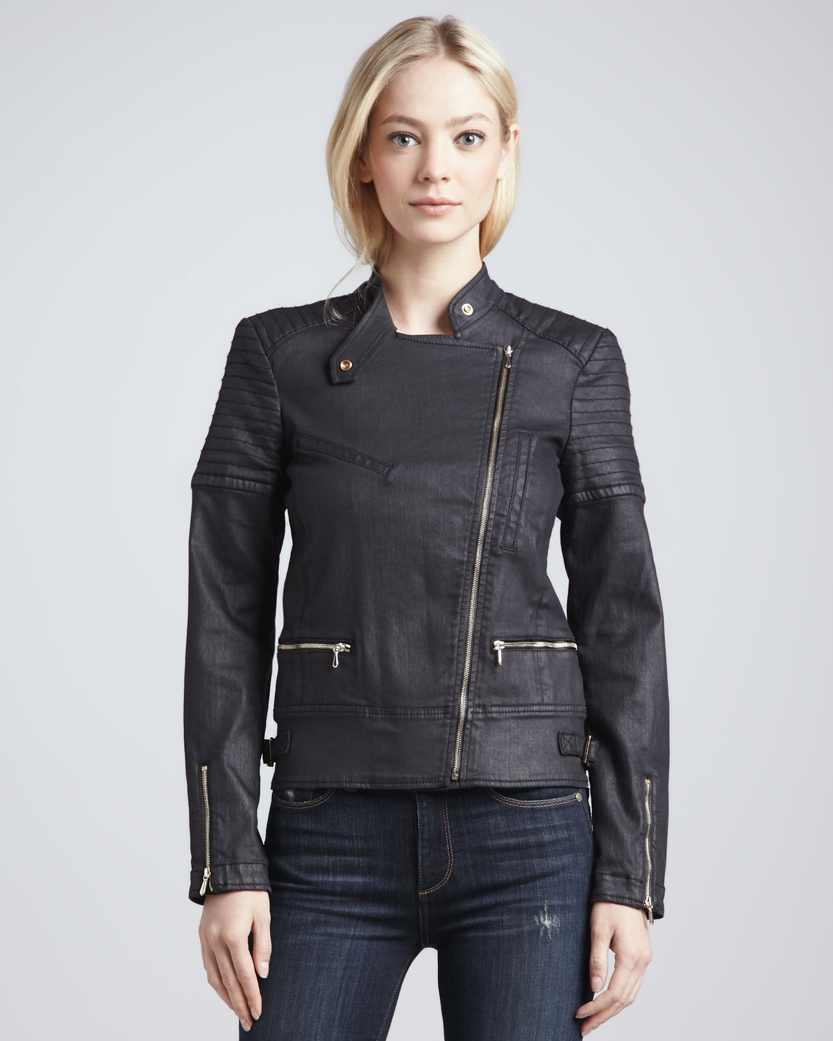 7 For All Mankind Coated Denim Motorcycle Jacket in Blue ...