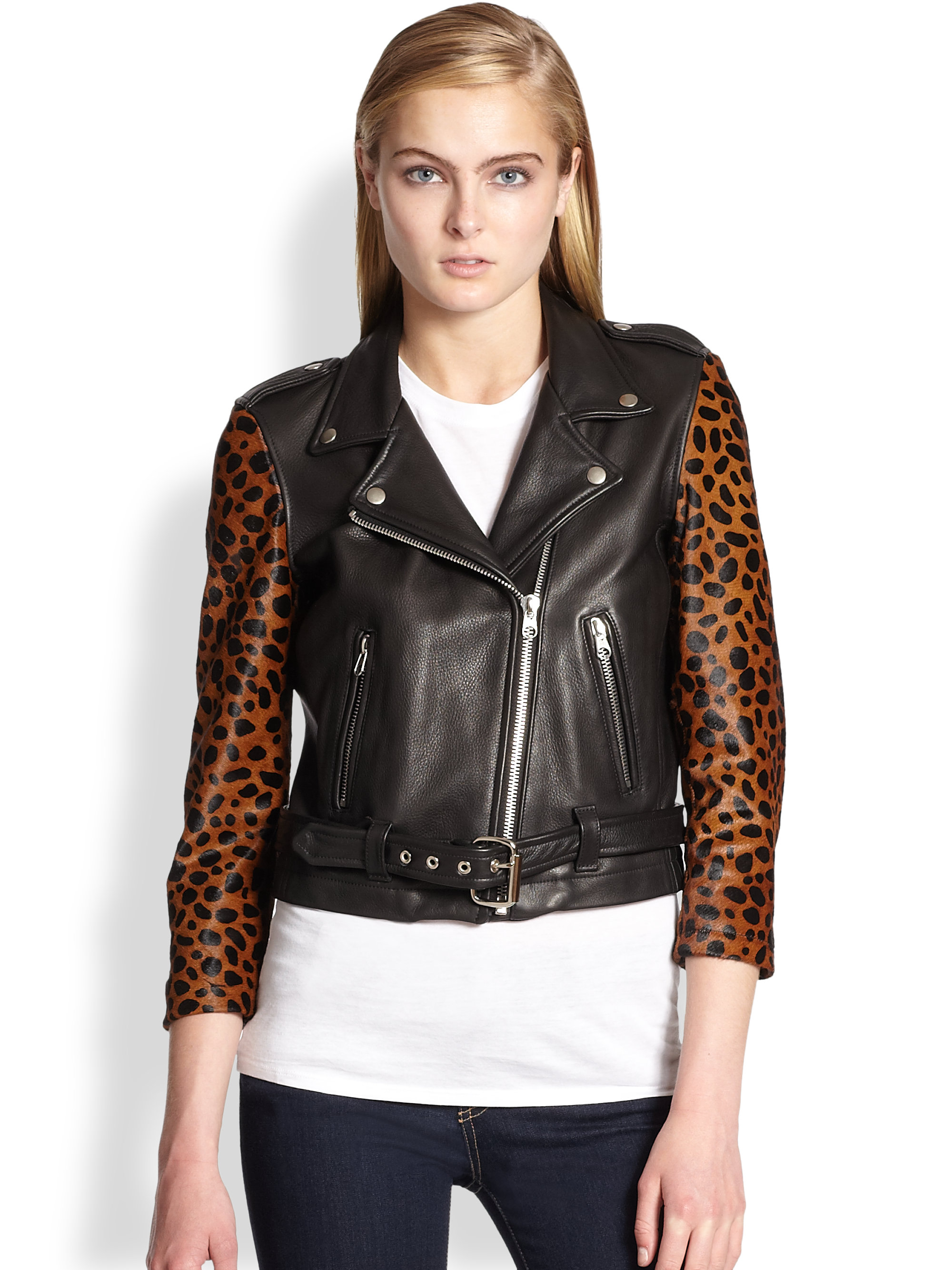 Laer Black Cheetah Printed Sleeve Leather Motorcycle Jacket