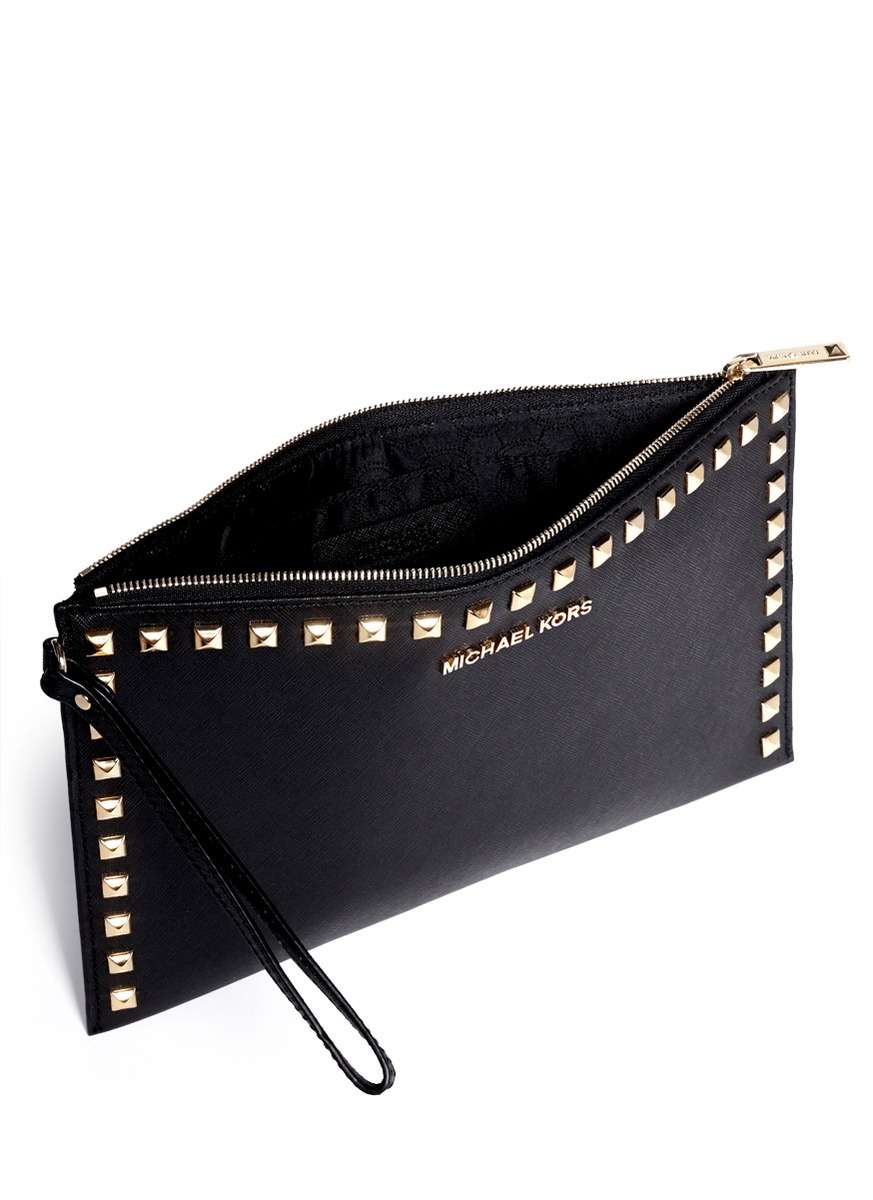 Michael Kors Selma Studded Leather Clutch in Black | Lyst