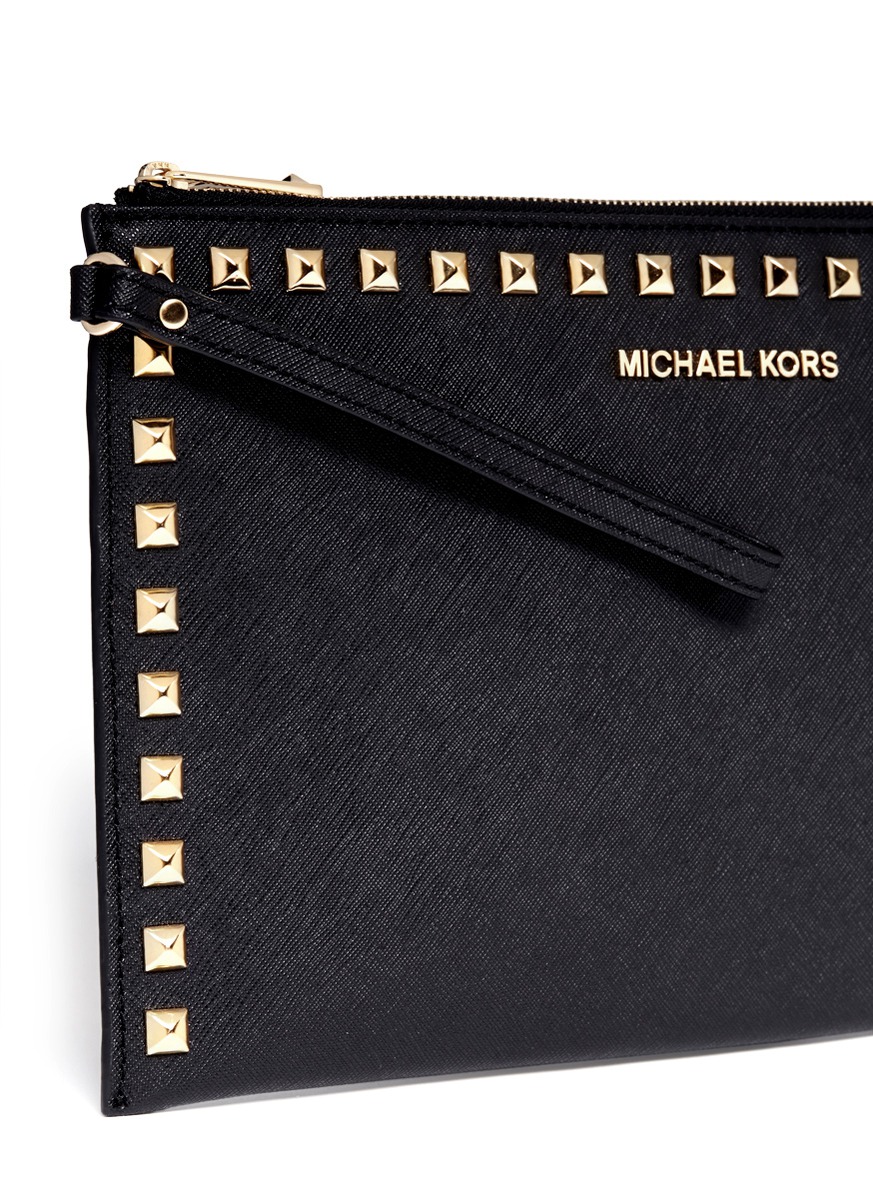 Michael Kors Selma Studded Leather Clutch in Black | Lyst