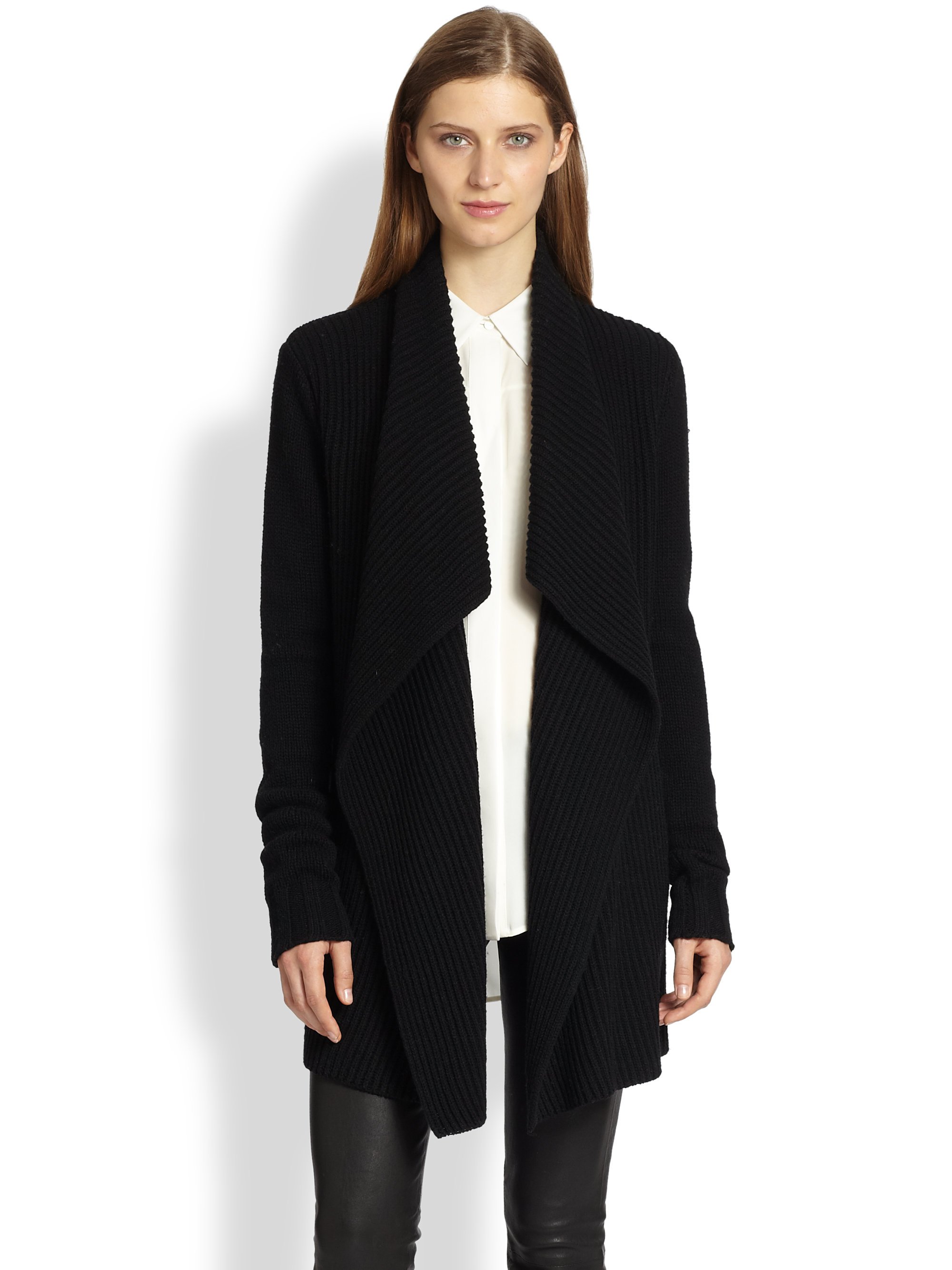  Vince  Ribbed Yak Wool Draped Cardigan  in Black Lyst