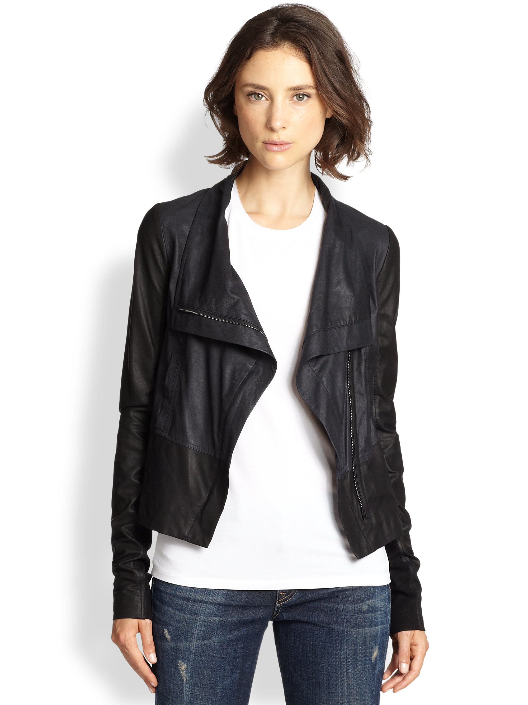 Lyst Vince Draped Colorblock Leather Jacket in Black