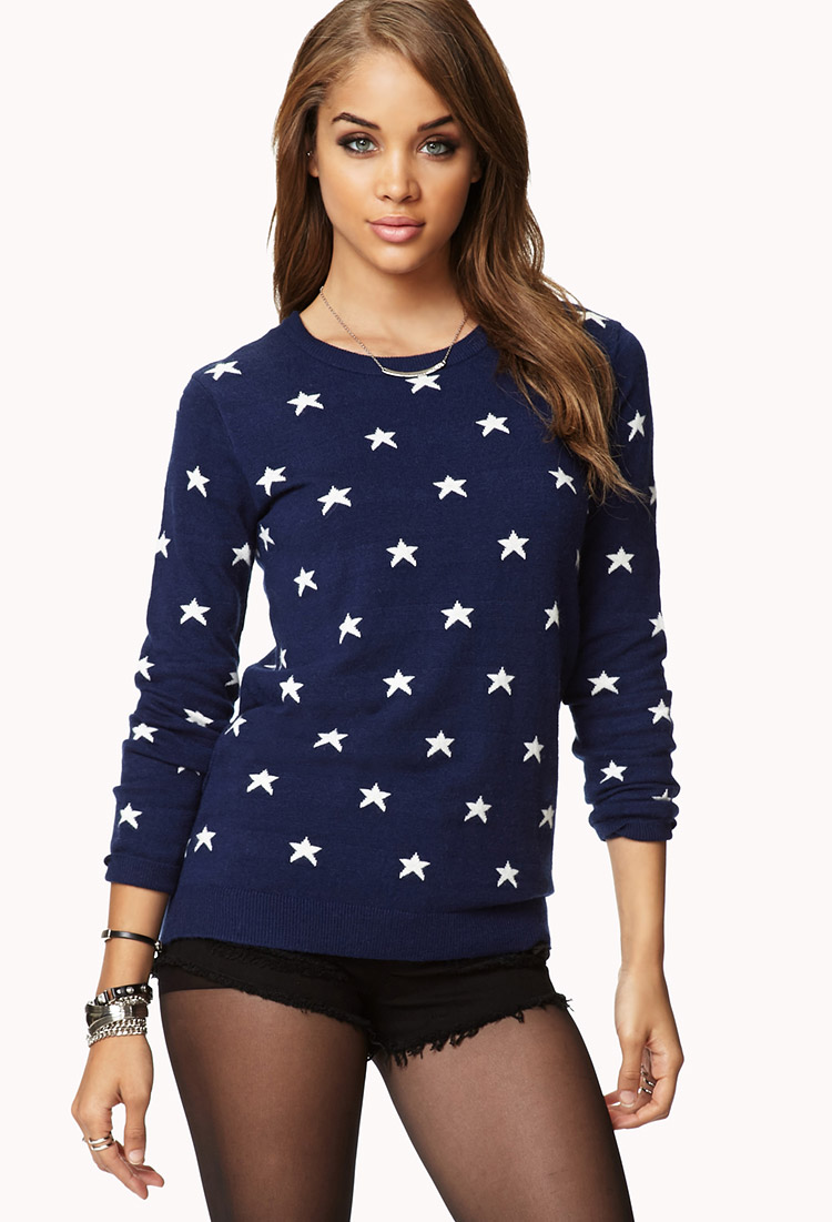 Forever 21 Star Print Sweater in Blue | Lyst