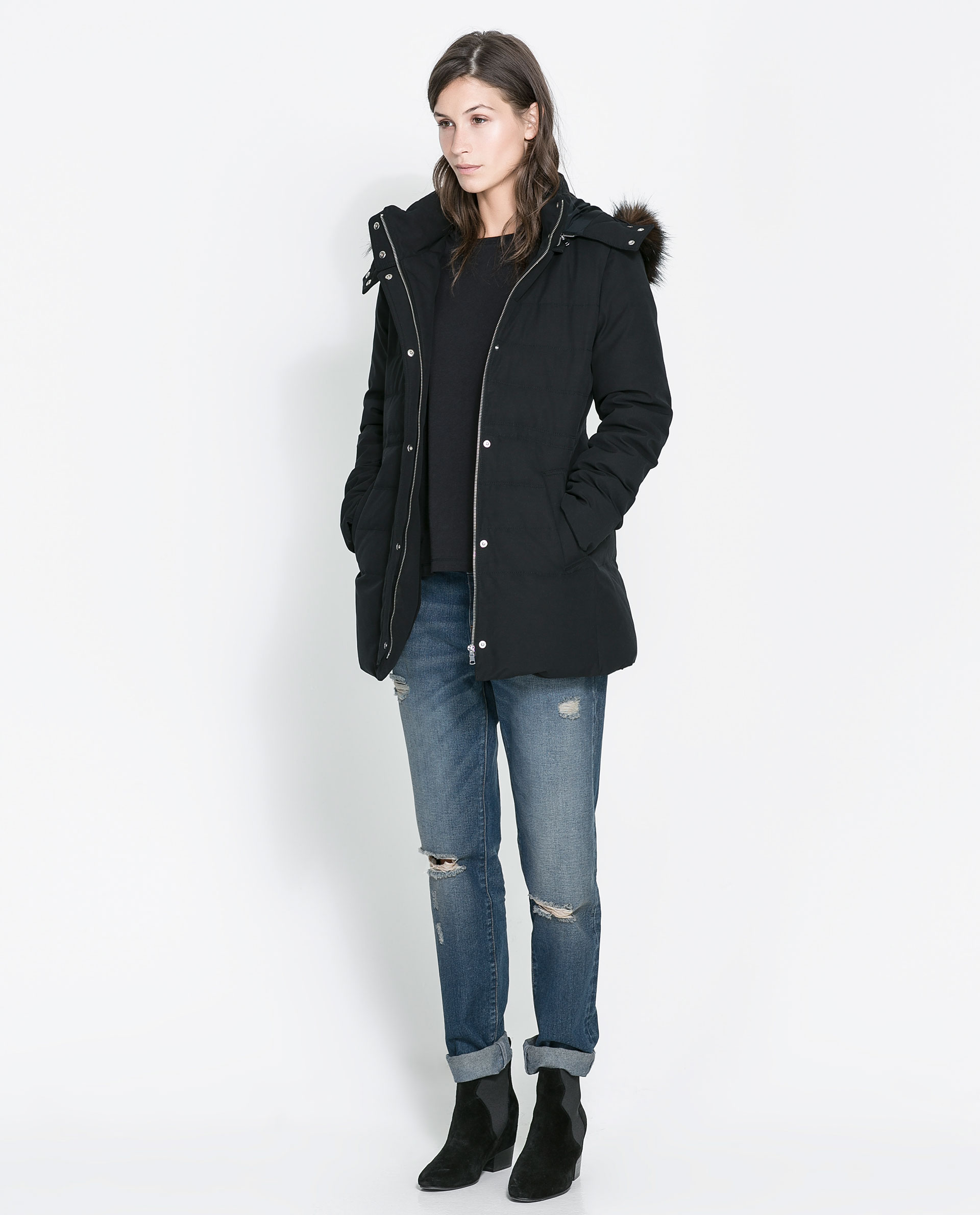 zara black mid length puffer jacket with fur hood - jackets in my home