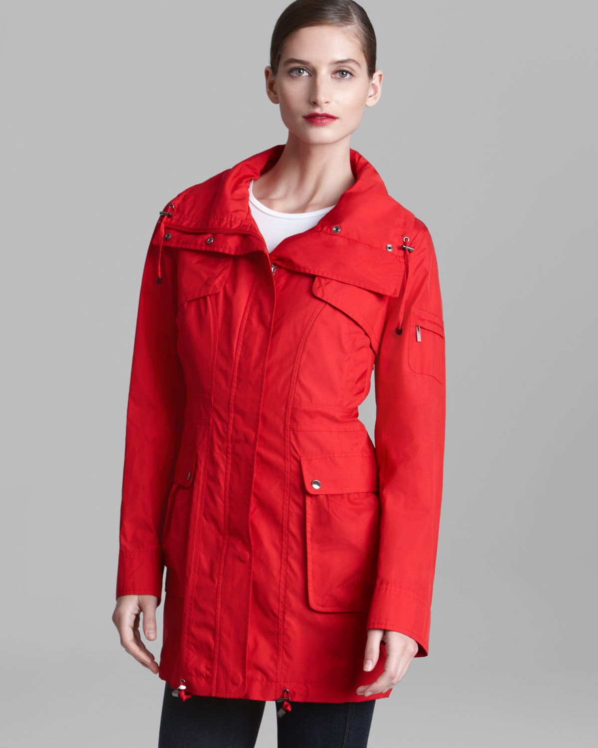 Cole Haan Rain Coat Packable Hidden Hood in Red | Lyst