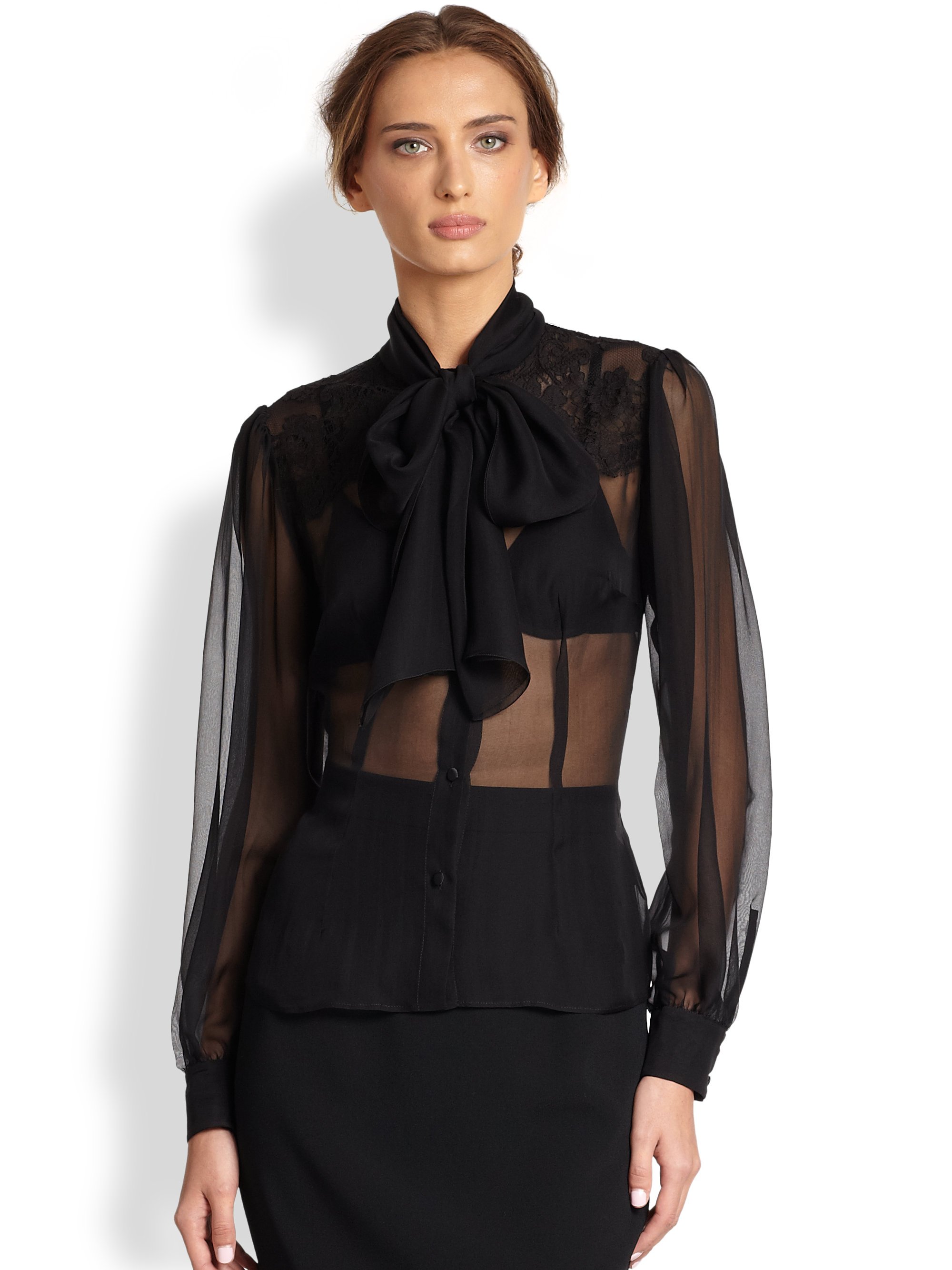 Dolce & Gabbana Lace-trimmed Silk Chiffon Blouse in Black | Lyst