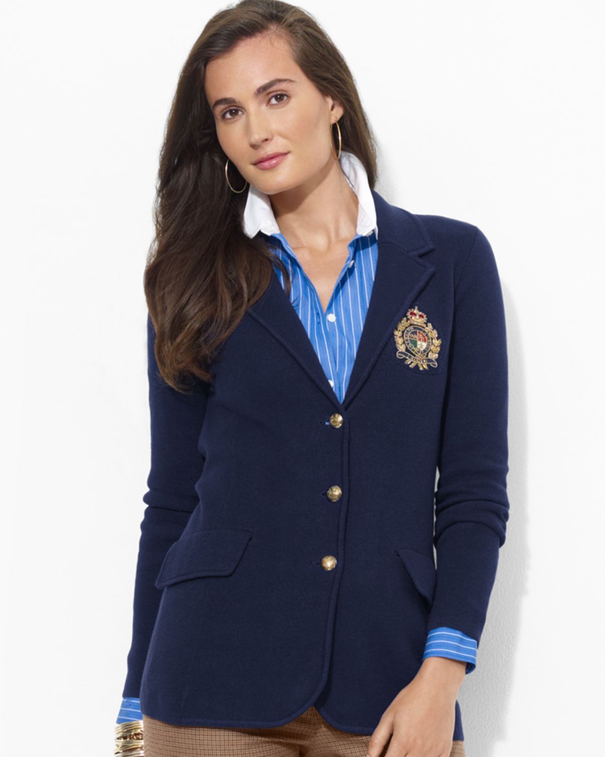 Lauren by Ralph Lauren Button Front Blazer with Crest in Blue | Lyst