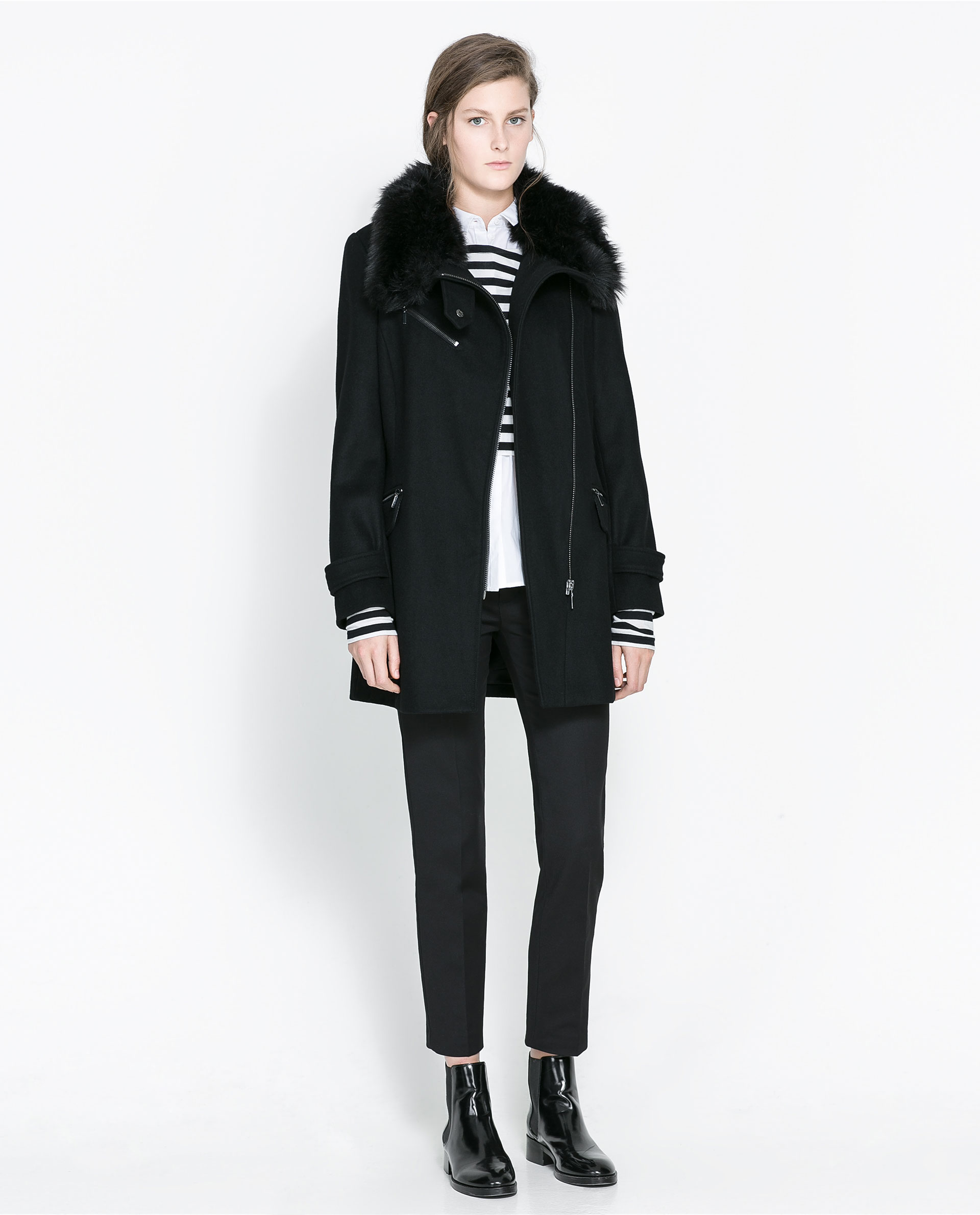 Zara Coat with Fur Collar in Black Lyst