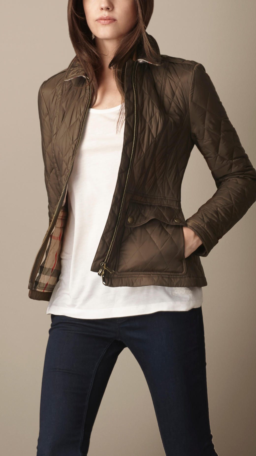 Lyst - Burberry Fitted Diamond Quilt Jacket in Brown