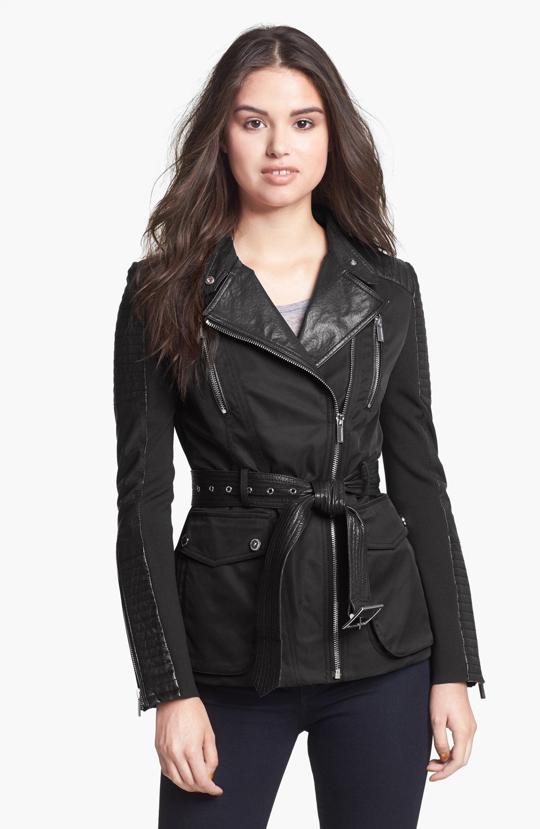 Bcbgmaxazria Leather Trim Asymmetrical Belted Jacket in Black | Lyst