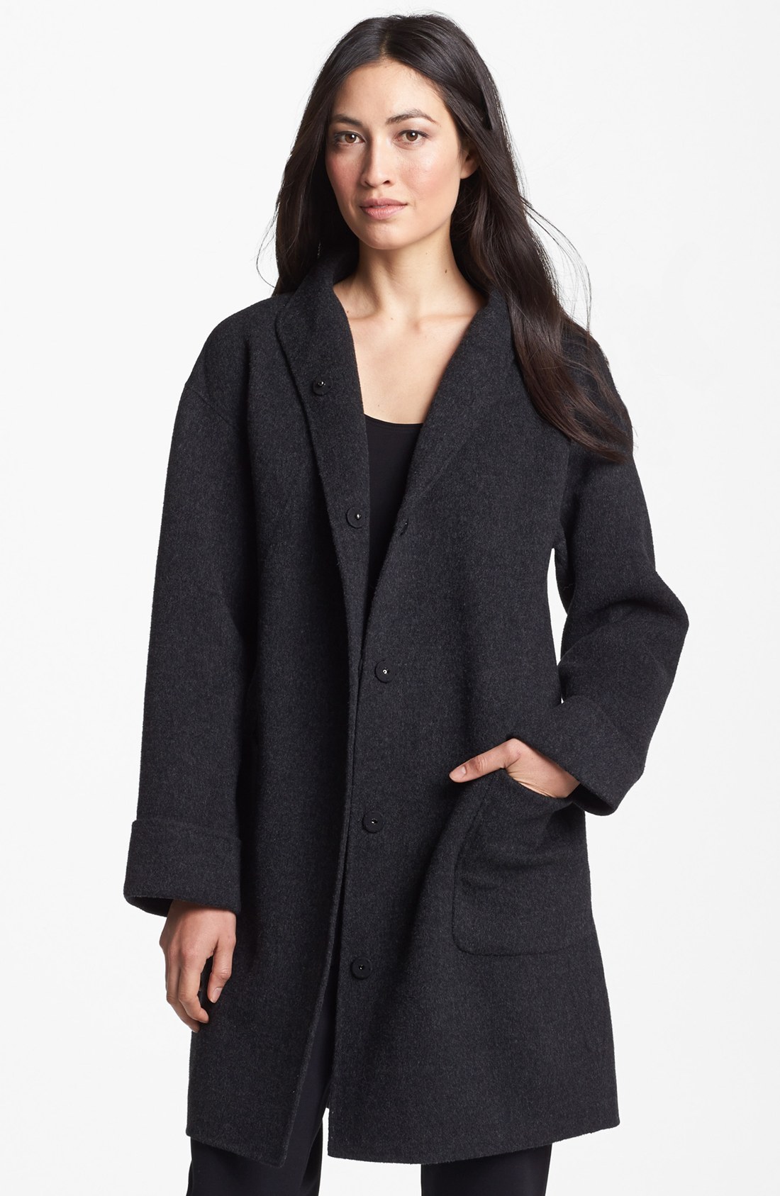 Eileen Fisher Brushed Wool Blend Coat in Gray (Charcoal) | Lyst