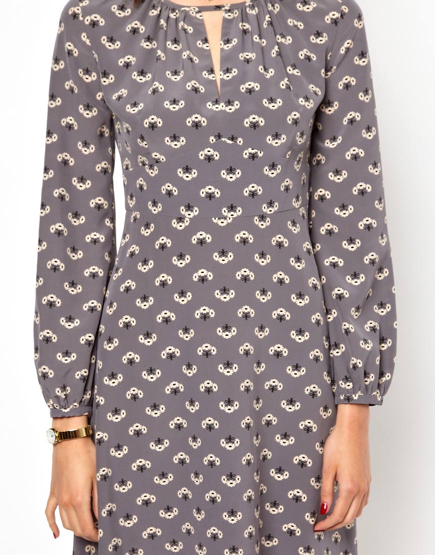 Orla Kiely Posey Print 70s Dress In Midi Length In Gray Lyst