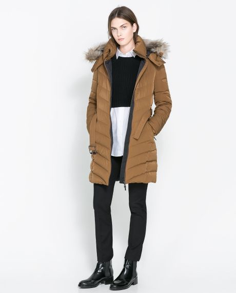 Zara Medium Length Puffer Jacket with Hood in Beige (Caramel) | Lyst