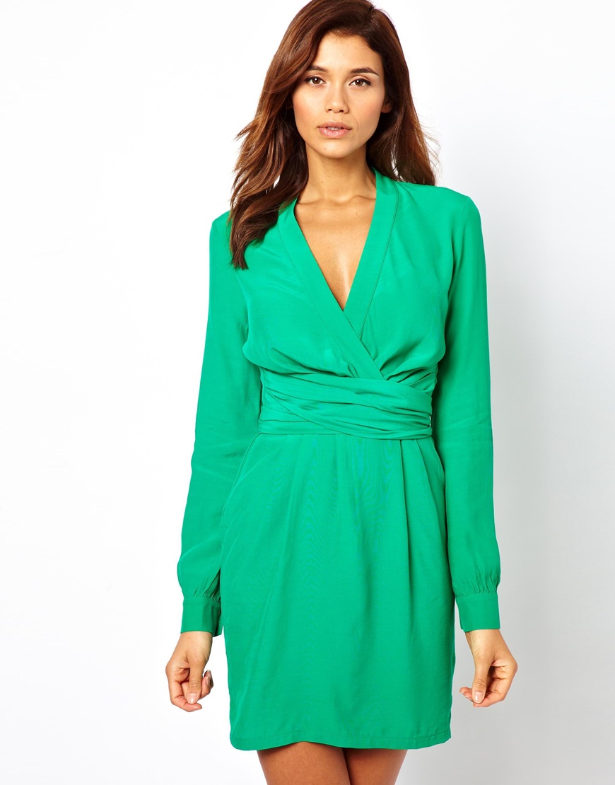 Asos Wrap Dress With Tulip Skirt And Long Sleeve in Green ...