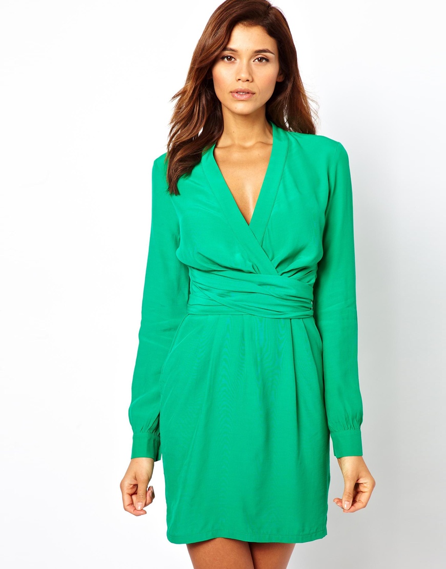 Lyst - Asos Wrap Dress With Tulip Skirt And Long Sleeve in Green